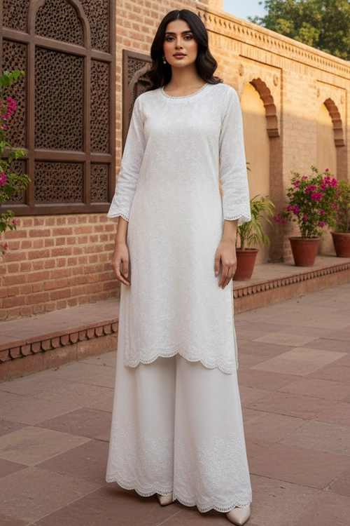 Pakistani model wearing white cotton silk 2 piece suit – Jovira Style summer collection