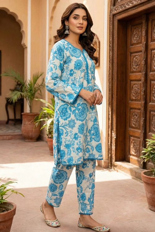 Jovira Azure Bloom blue floral printed lawn 2 piece suit front view