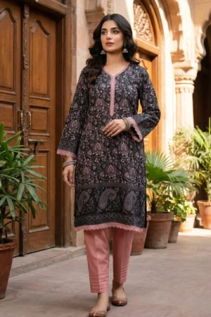 Model wearing black and blush pink printed lawn 2 piece suit with lace detailing and straight pants