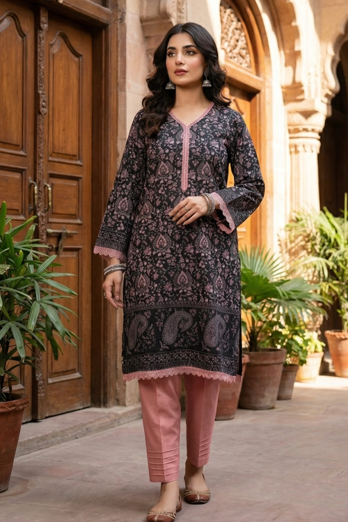 Model wearing black and blush pink printed lawn 2 piece suit with lace detailing and straight pants
