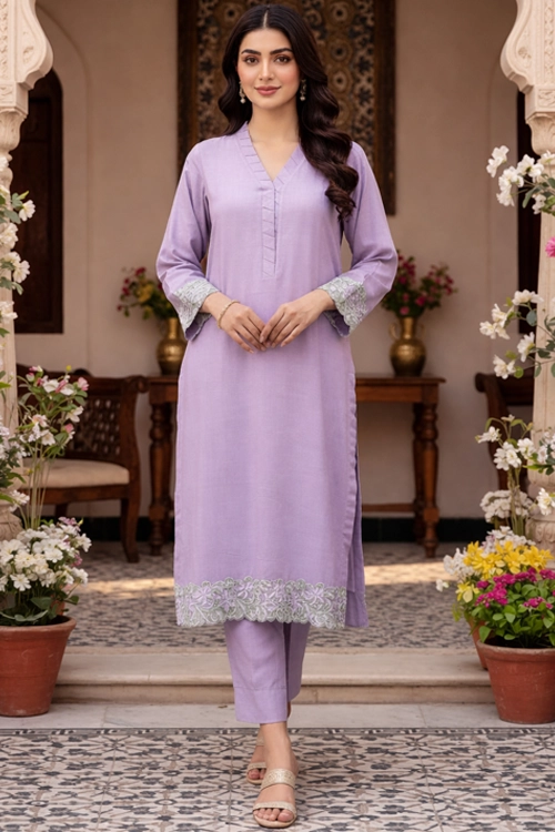 Lavender Khadi Net 2 Piece Suit for Women front view