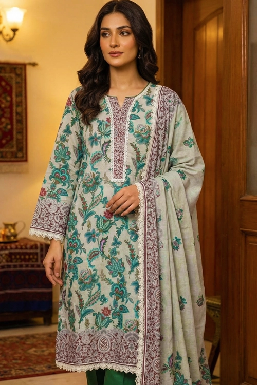 Elegant floral printed lawn 2 piece women suit with green trouser